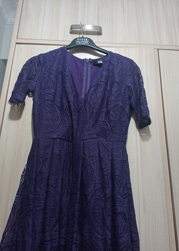 Mor Dantel Detaylı Midi Elbise - Görsel 4