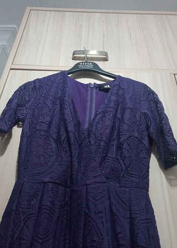 Mor Dantel Detaylı Midi Elbise - Görsel 5