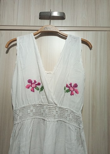 Dantel Detaylı Nakışlı Bohem Uzun Kolsuz Elbise - Görsel 5