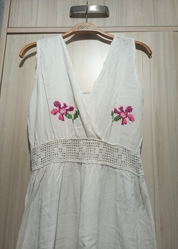 Dantel Detaylı Nakışlı Bohem Uzun Kolsuz Elbise - Görsel 3