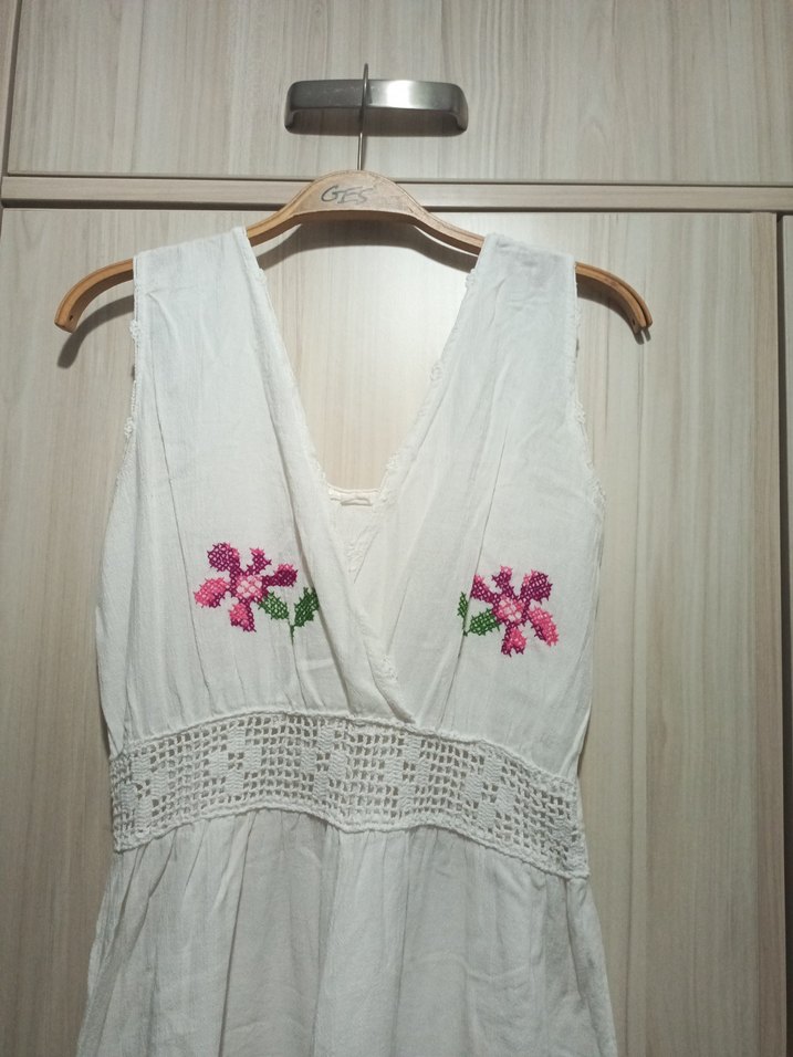 Dantel Detaylı Nakışlı Bohem Uzun Kolsuz Elbise - Görsel 5