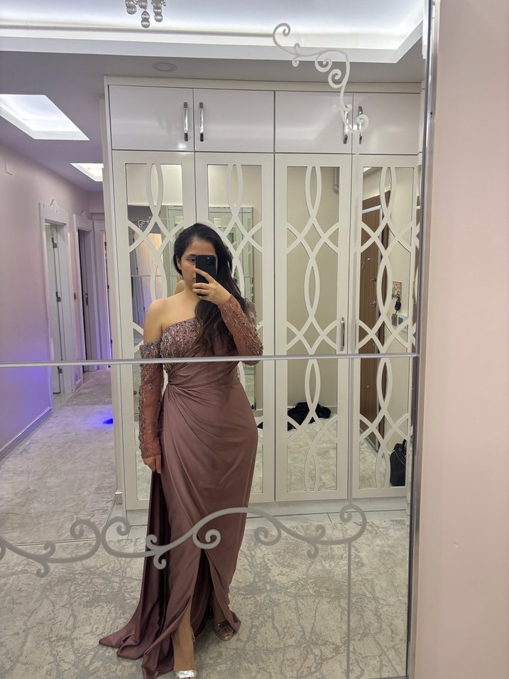 Drapeli Uzun Kollu Straplez Kenzel marka Abiye Elbise - Görsel 2