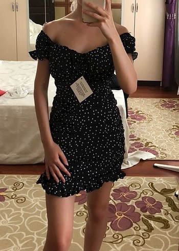 Siyah Puantiyeli Mini Fırfırlı Elbise - Görsel 5