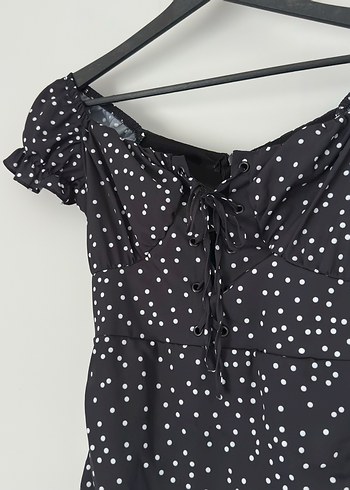 Siyah Puantiyeli Mini Fırfırlı Elbise - Görsel 2