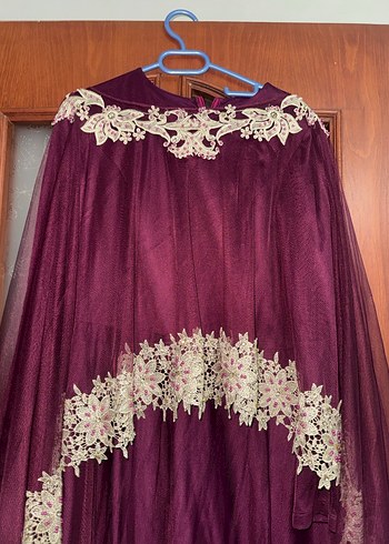 Bordo İşlemeli Uzun Kadın Abiye Elbise - Görsel 2