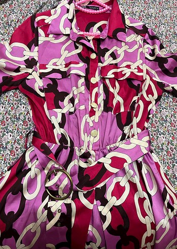 Pembe Zincir Desenli Uzun Kadın Elbise - Görsel 2