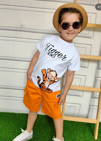 Turuncu Baskılı Erkek Çocuk Tişört ve yandan cepli şort takım - Görsel 2