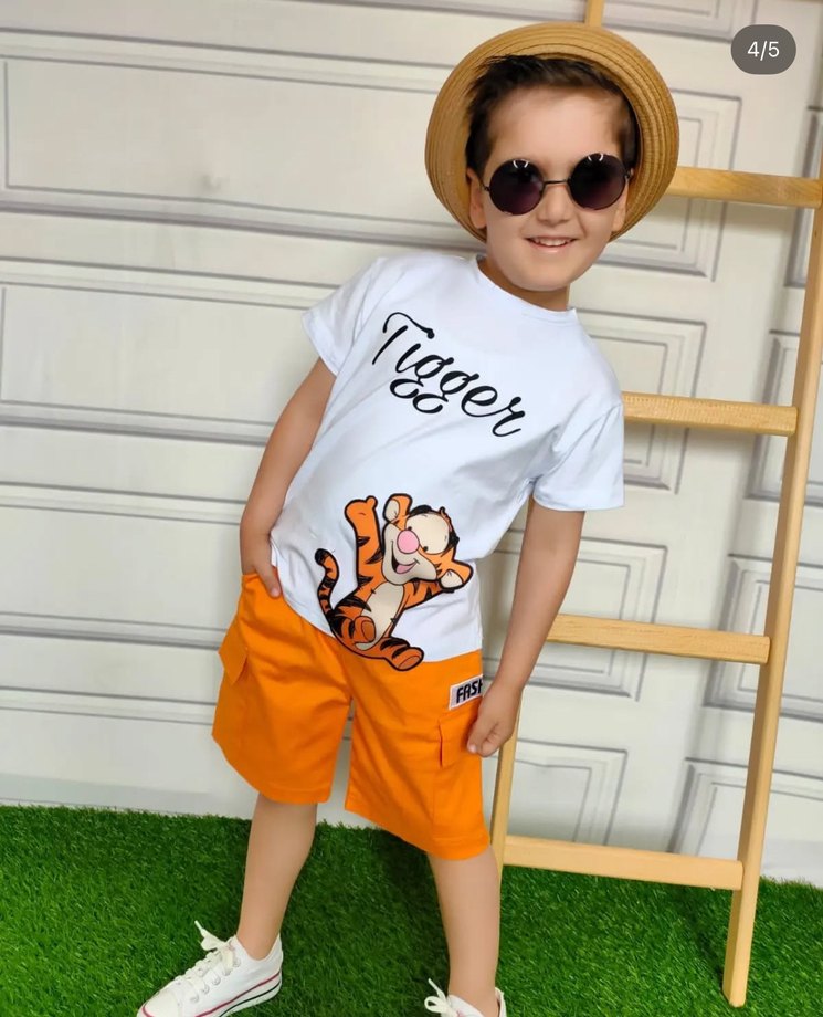 Turuncu Baskılı Erkek Çocuk Tişört ve yandan cepli şort takım - Görsel 2
