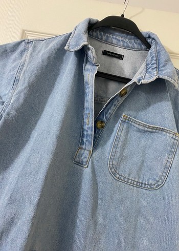 m Beden Mavi Denim Düğmeli Mini Elbise