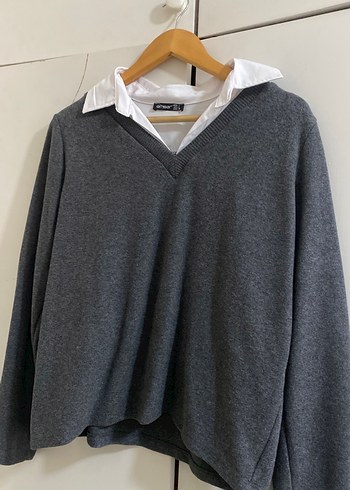 Gri V Yaka Uzun Kollu Örgü Kadın Kazak - Görsel 2