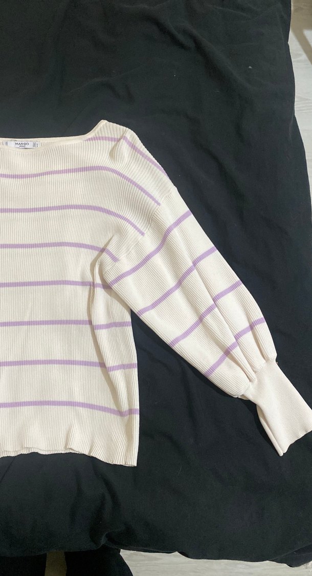 Bej Çizgili Kadın Triko Bluz - Görsel 3