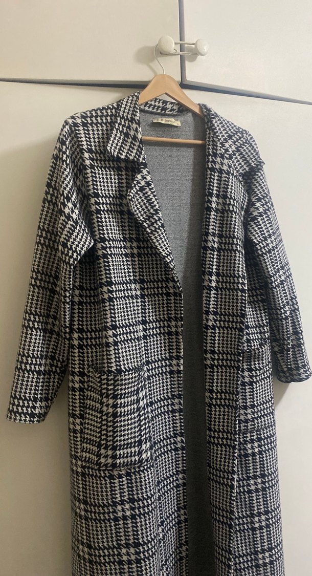 Gri Ekose Desenli Uzun Kadın Kaban - Görsel 3