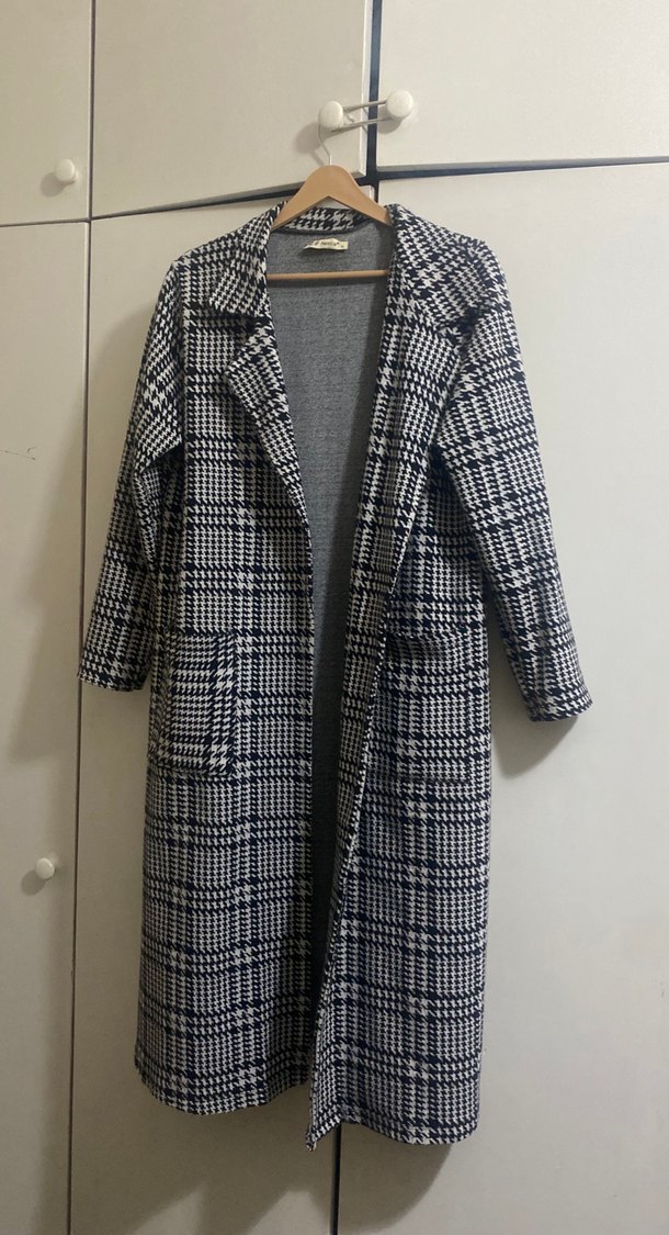 Gri Ekose Desenli Uzun Kadın Kaban - Görsel 2