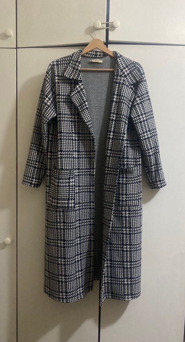 Gri Ekose Desenli Uzun Kadın Kaban - Görsel 5