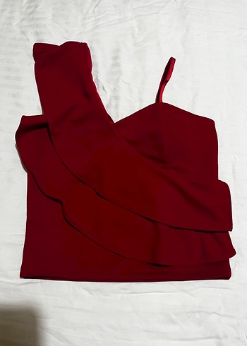 Etiketli Kırmızı Volanlı Crop S/M - Görsel 2