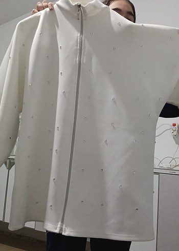 Fermuarlı Beyaz Kadın Midi Ceket "ACİL SATILIK" - Görsel 5