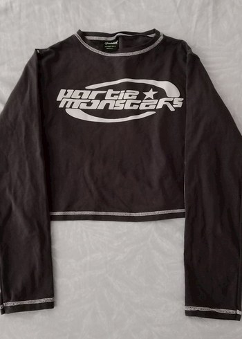 Gri Baskılı Kadın Uzun Kollu Crop - Görsel 3