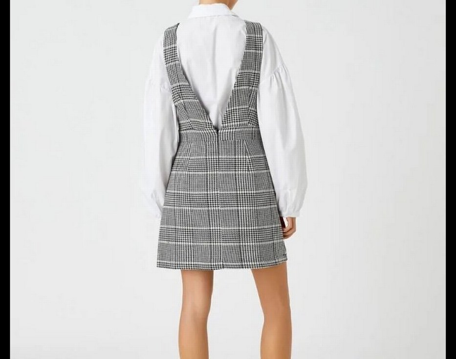 Gri Kareli Jile V Yaka Kemerli Elbise - Görsel 2