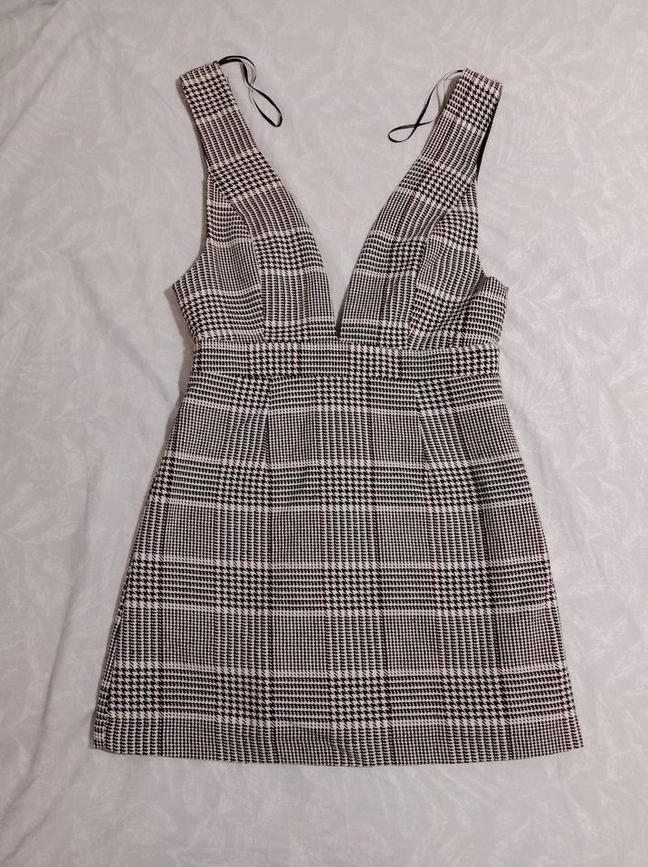 Gri Kareli Jile V Yaka Kemerli Elbise - Görsel 3