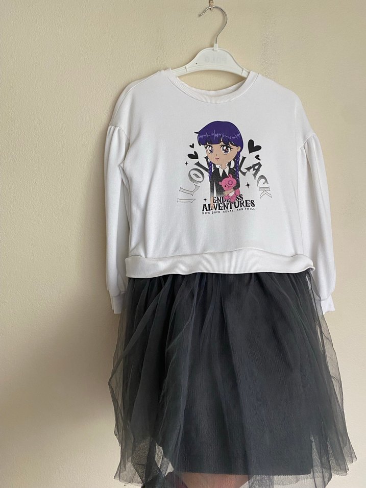 Mor Baskılı Uzun Kollu Kız Elbise - Görsel 3