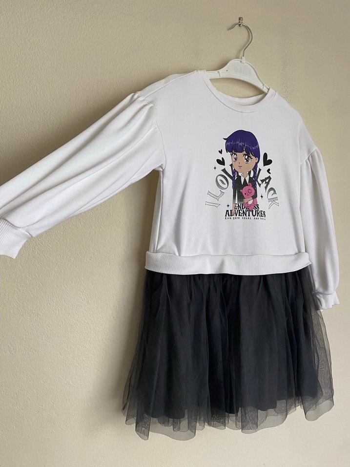 Mor Baskılı Uzun Kollu Kız Elbise - Görsel 4