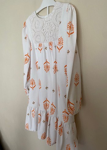 Beyaz Baskılı Pamuklu Kız Elbise - Görsel 4