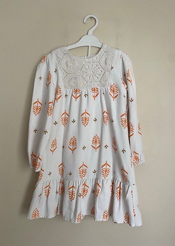 Beyaz Baskılı Pamuklu Kız Elbise - Görsel 2