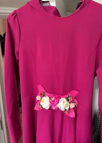 Pembe Saten Düğmeli Uzun Abiye Elbise - Görsel 3