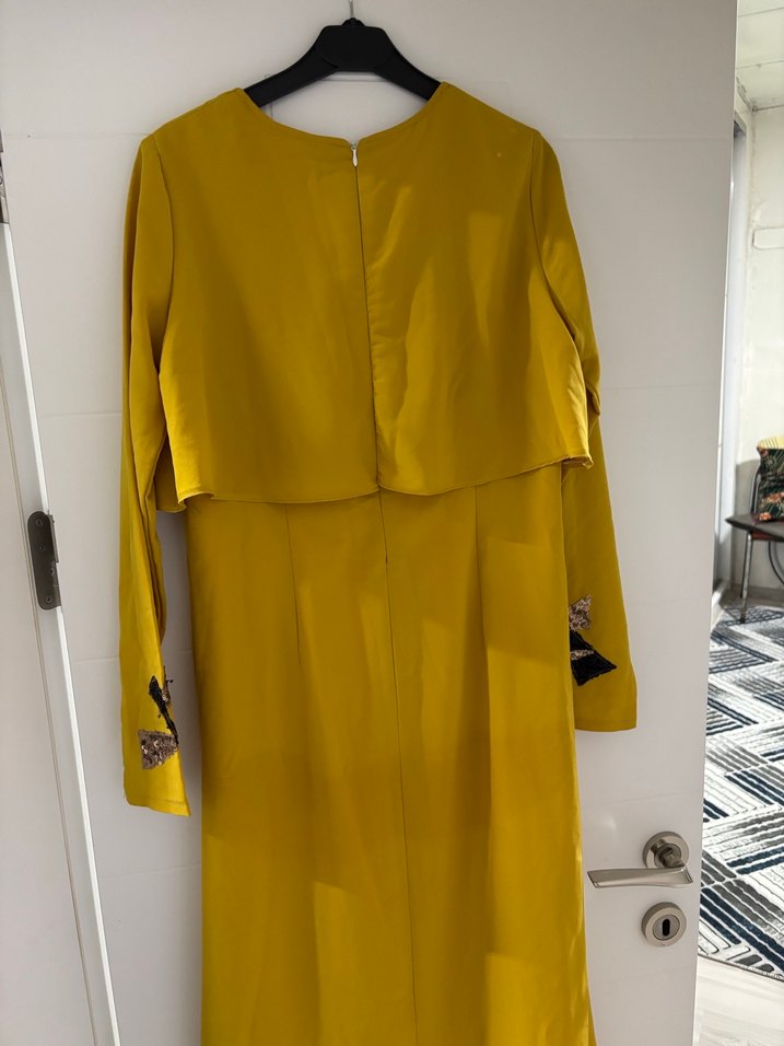 Sarı Uzun Kollu Nakışlı Kadın Elbise - Görsel 5