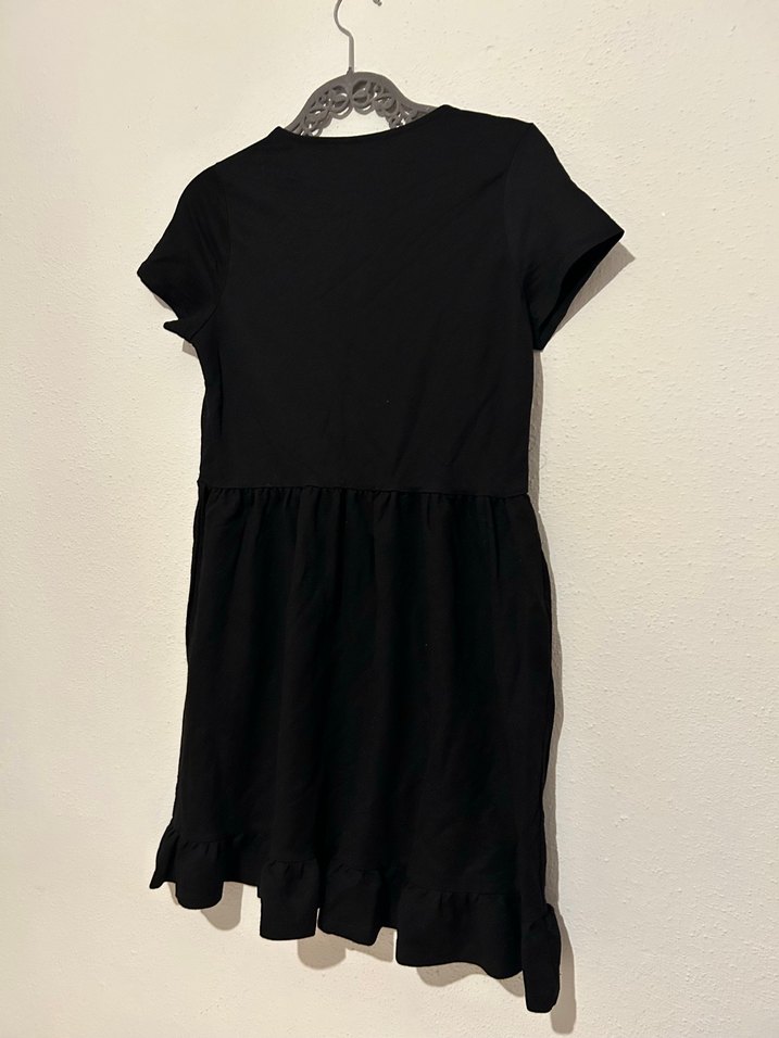 Siyah Keten Midi Elbise, Kısa Kollu, Salaş Kesim - Görsel 3