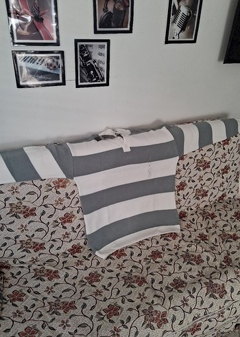 Gri Çizgili Polo Yaka Kadın Kazak - Görsel 4