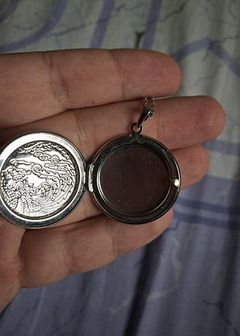 Gri Zincir Detaylı Vintage Midi Kolye fotoğraf koyulan kapaklı - Görsel 5