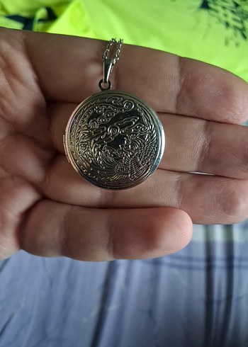 Gri Zincir Detaylı Vintage Midi Kolye fotoğraf koyulan kapaklı - Görsel 3