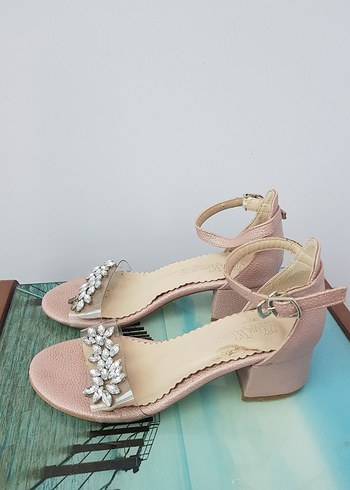 Pembe Blok Topuklu Taşlı Kız Çocuk Abiye Ayakkabı - Görsel 2