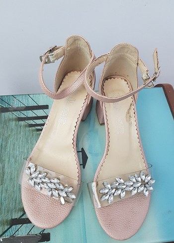 Pembe Blok Topuklu Taşlı Kız Çocuk Abiye Ayakkabı - Görsel 3