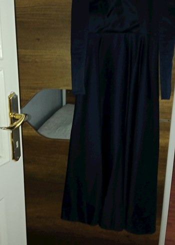 Uzun Kollu Lacivert Drapeli Abiye Elbise - Görsel 2