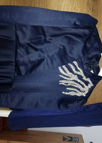 Uzun Kollu Lacivert Drapeli Abiye Elbise - Görsel 3