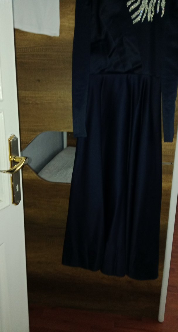 Uzun Kollu Lacivert Drapeli Abiye Elbise - Görsel 2