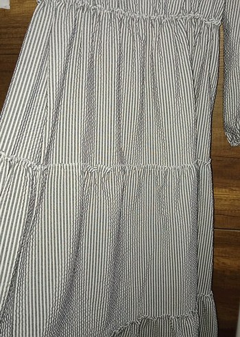 Gri Çizgili Uzun Keten Elbise - Görsel 2