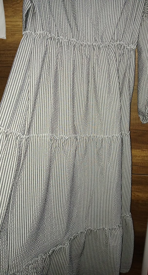 Gri Çizgili Uzun Keten Elbise - Görsel 2