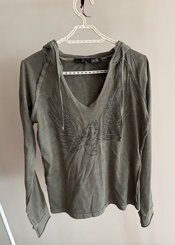 Haki V Yaka Baskılı Kadın Sweatshirt - Görsel 2