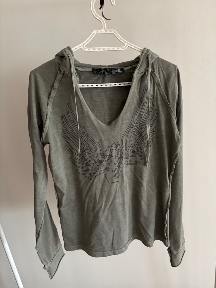 Haki V Yaka Baskılı Kadın Sweatshirt - Görsel 2