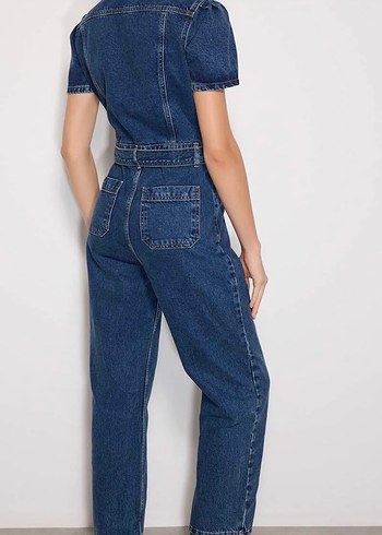 Kadın Lacivert Kısa Kollu Denim Tulum - Görsel 4