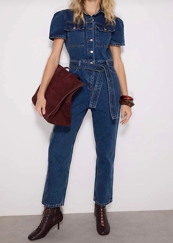 Kadın Lacivert Kısa Kollu Denim Tulum - Görsel 2