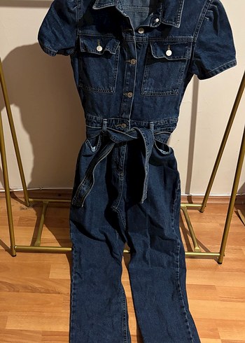 Kadın Lacivert Kısa Kollu Denim Tulum - Görsel 6