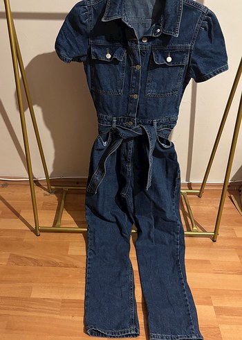 Kadın Lacivert Kısa Kollu Denim Tulum - Görsel 5