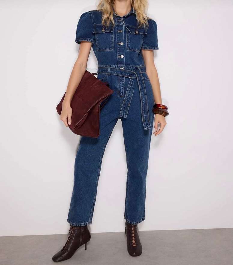 Kadın Lacivert Kısa Kollu Denim Tulum - Görsel 2