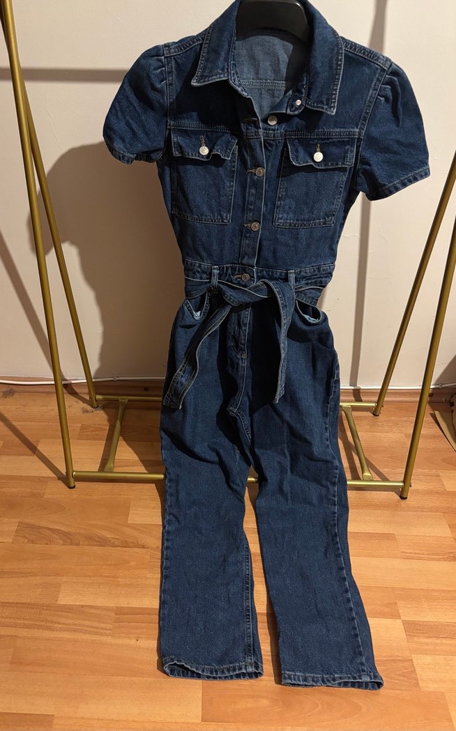 Kadın Lacivert Kısa Kollu Denim Tulum - Görsel 5