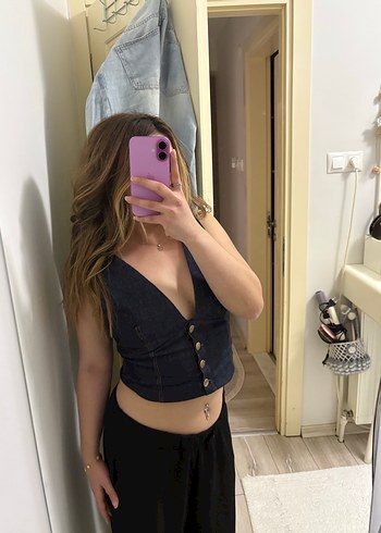 Kadın Lacivert Kısa Kot Yelek - Görsel 3