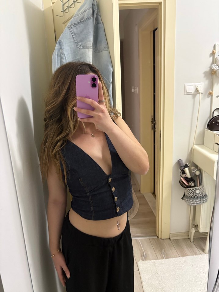 Kadın Lacivert Kısa Kot Yelek - Görsel 3